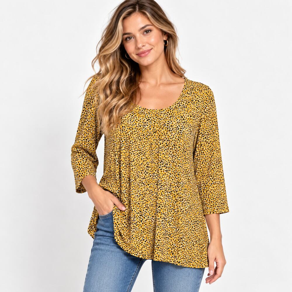 Susan Graver Liquid Knit Blouse Women's Size L Mustard Spreckled Office Casual